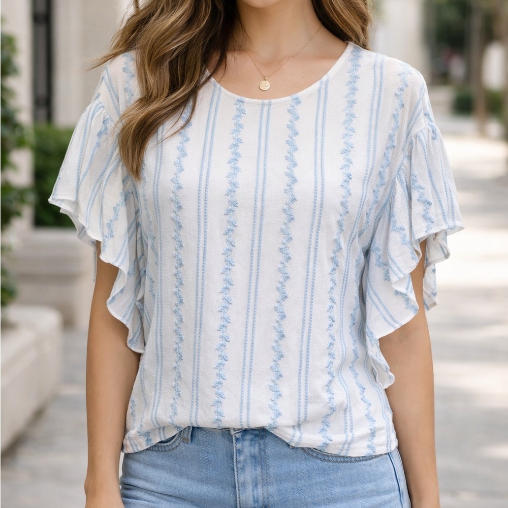 Karen Kane White Blue Embroidered Kimono Sleeve Top Blouse Size XS